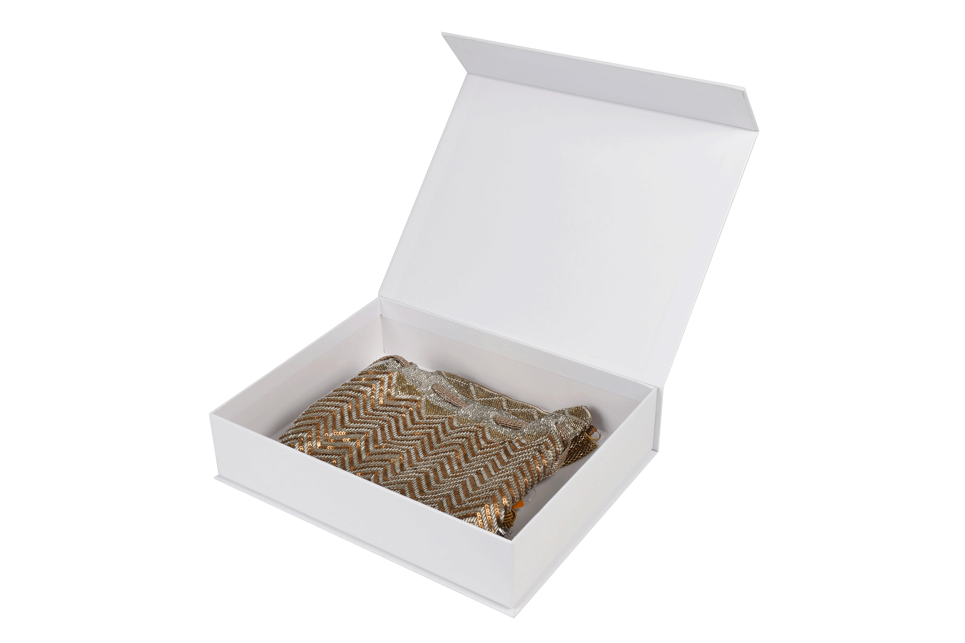 White magnetic box with custom black printed logo for packing handbag