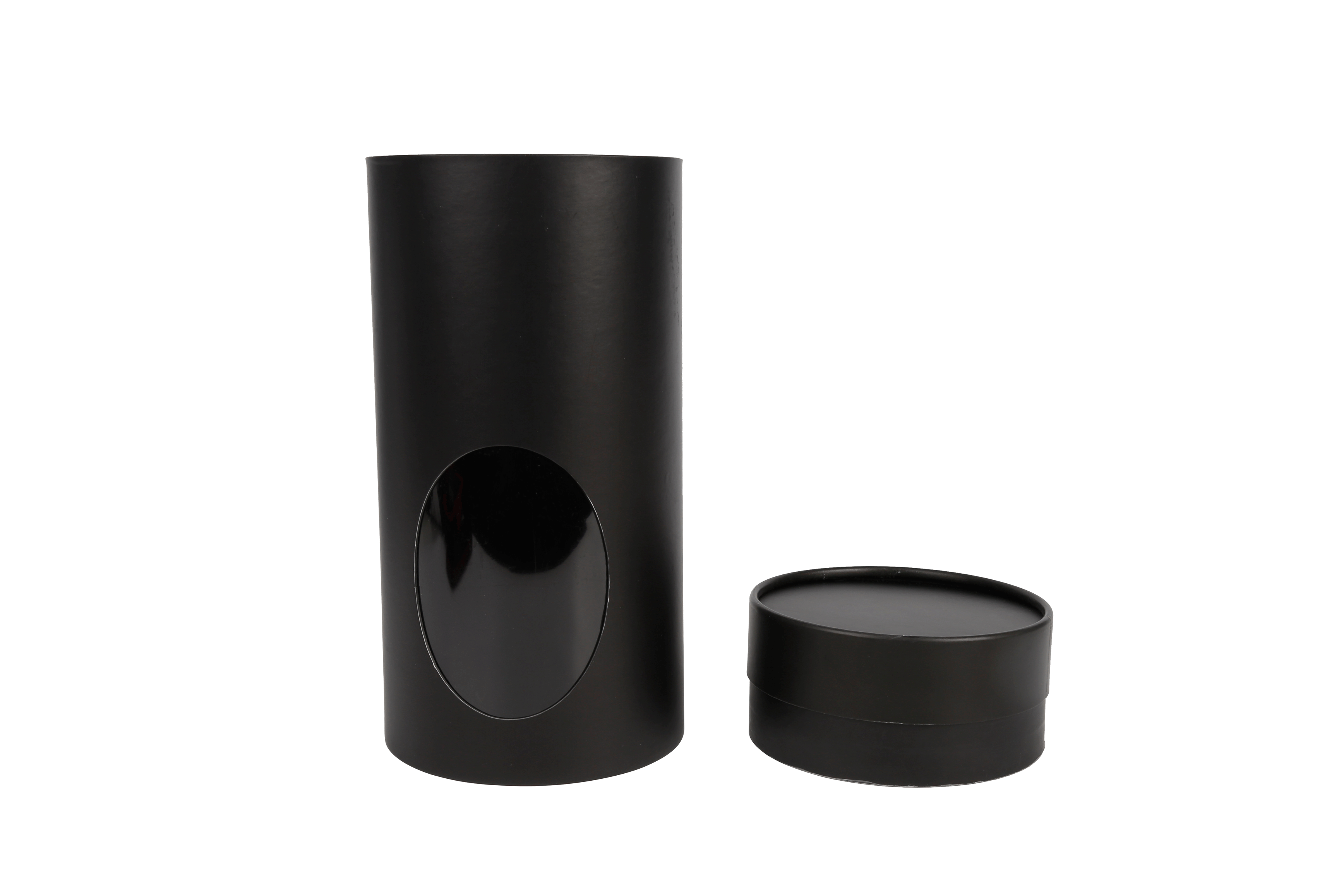 Anti-scratch finishing customized size plain black paper tube box with window custom product package