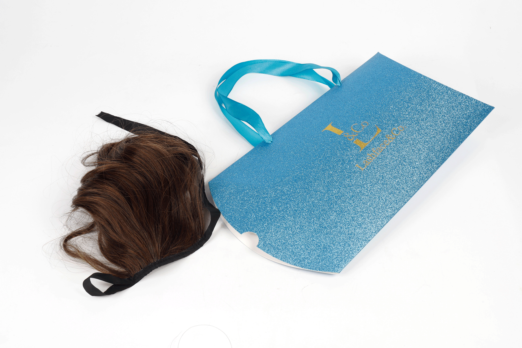 Glitter paper card package with ribbon handle for packing wig hair extension customized gold foil logo packaging box