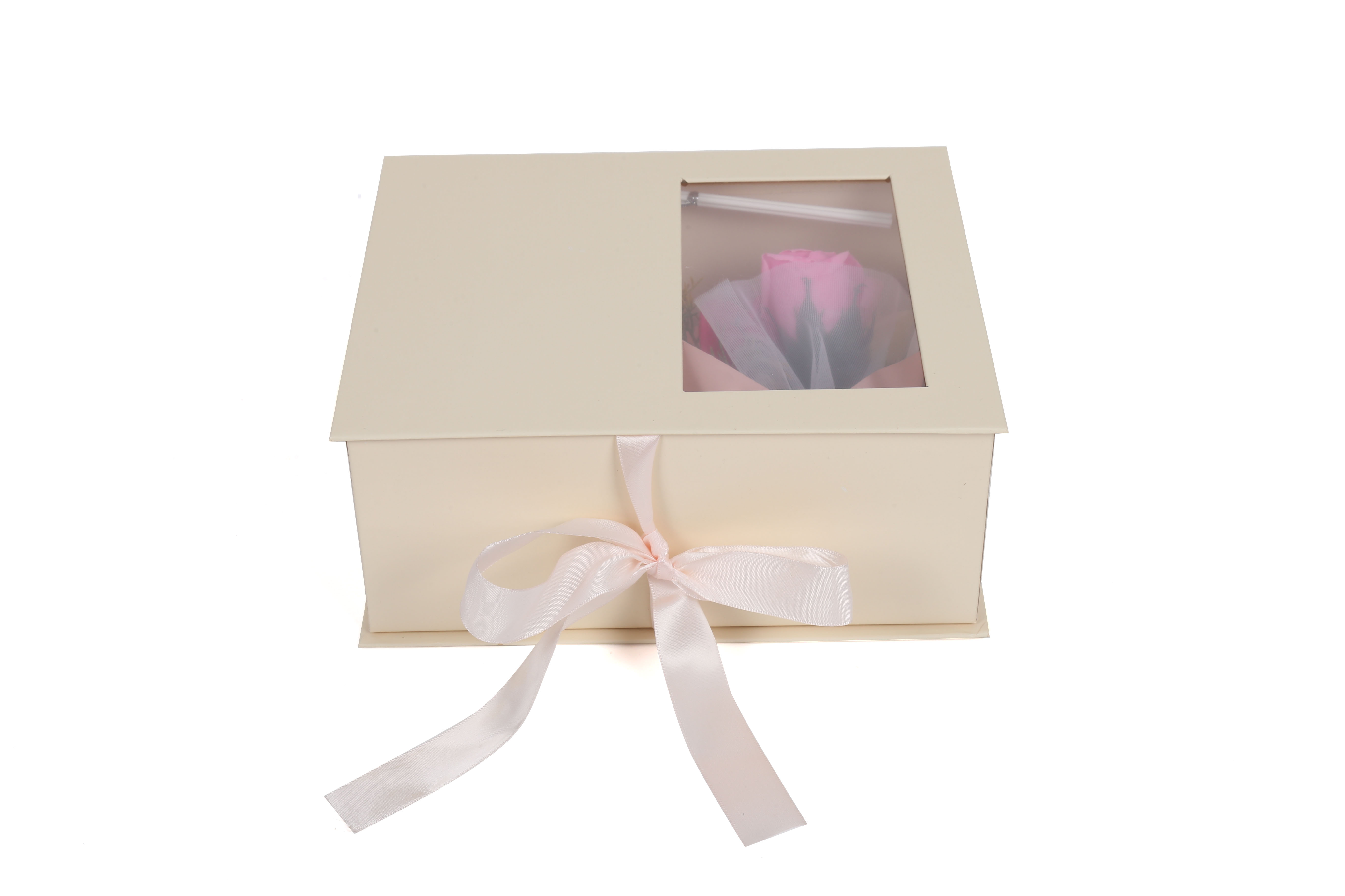 High Quality Cosmetic Gift Light Beige Colors Custom Logo Printed Magnetic Box Packaging with Ribbon